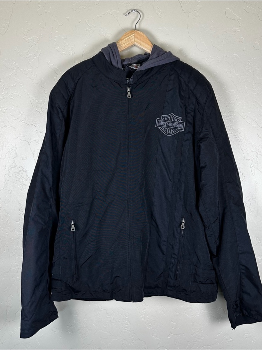 Harley-Davidson Men’s Black Layered Hooded Jacket Flame Logo Back Full Zip Coat
